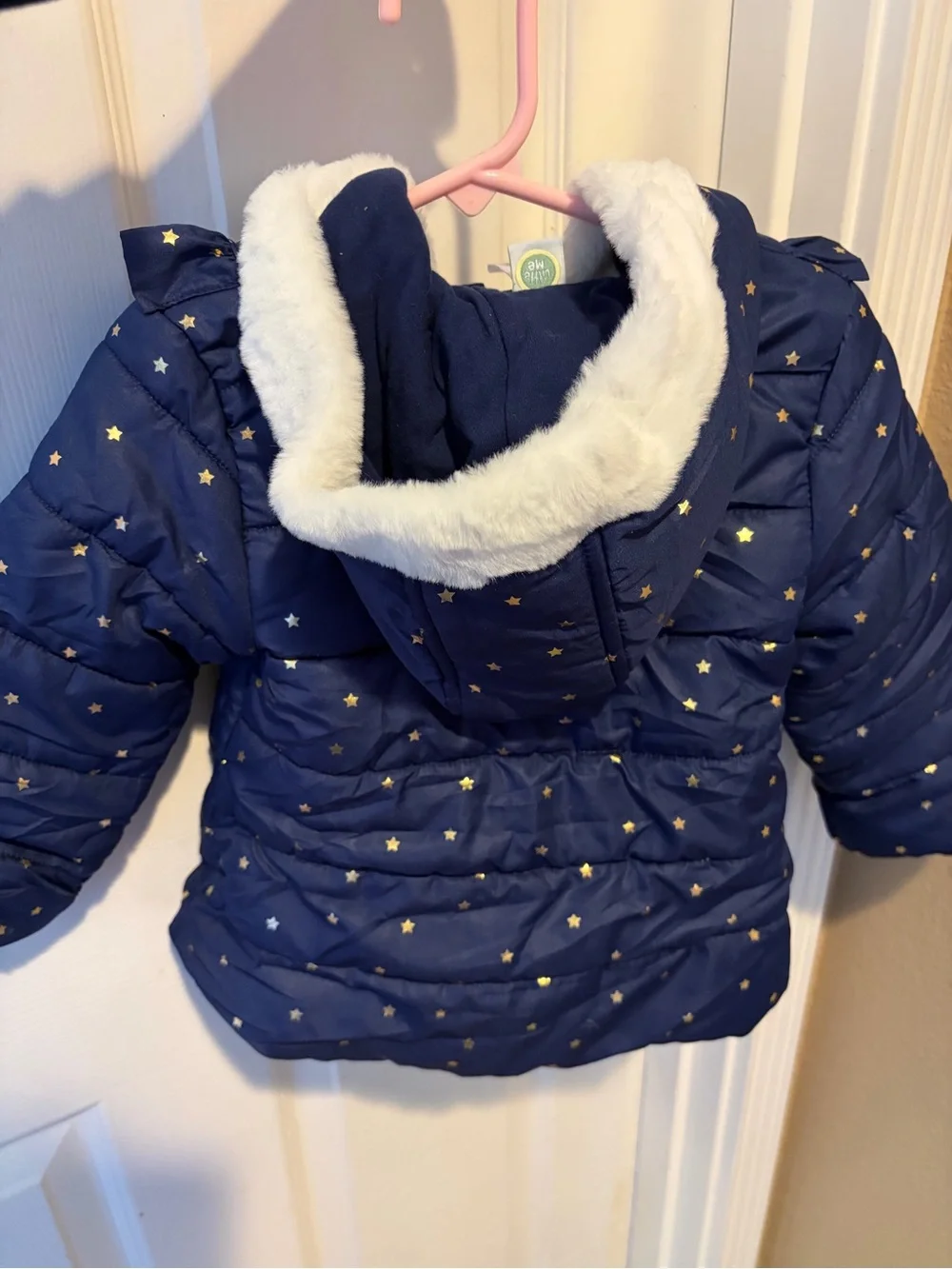 Carters Little Me Navy Gold Star White Faux Fur Ruffle Puffer Coat 24 Months